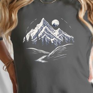 TEMU Stilvolle Berglandschaft-Illustration Druck T-Shirt, Kurzarm Rundhalsausschnitt Freizeitoberteil für Sommer & Frühling, Damenbekleidung