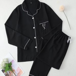 TEMU Pyjama-Set mit Herz-Print, langärmliges Oberteil mit Knöpfen und Hose mit elastischem , Nachtwäsche und Loungewear für Damen für den Herbst