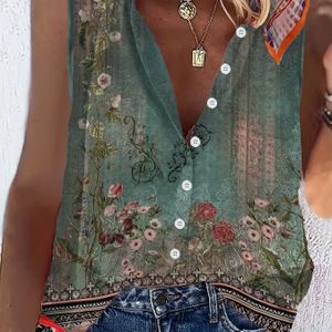 TEMU Boho-Chic Ärmellose Bluse mit geometrischem Muster - Vintage-Stil, Polyester & Spandex, Maschinenwaschbar - für Frühling & Sommer, Western-Stil, Damenhemd