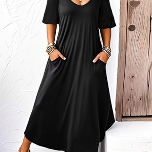 TEMU Elegantes Schulterfreies Maxikleid mit - Kurzarm, Einfarbig Schwarz, Lockere Passform für Frühling/Sommer/Herbst, Damenmode