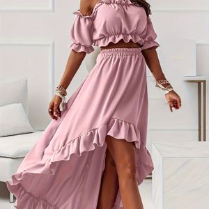 TEMU Elegantes Damen-Set mit Schulterfreiem Rüschenärmel-Top & Hochtaillierte Rock - Polyester, Maschinenwaschbar, Nicht Dehnbar, Einfarbig, für Alle Jahreszeiten