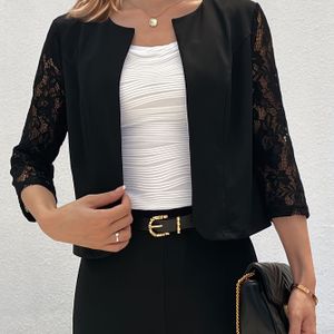 TEMU Jacke mit offener Vorderseite und kontrastierender Spitze, elegantes Oberteil mit 3/4-Ärmeln für Frühling und Herbst, Damenbekleidung