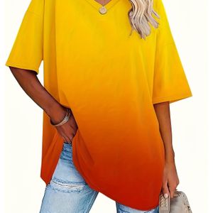 TEMU Große Größen Verlaufsmuster V-Ausschnitt T-Shirt, lässiges Kurzarm-Oberteil für Frühling & Sommer, Damenmode in großen Größen