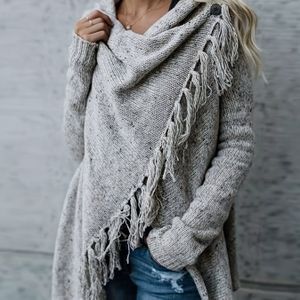 TEMU Fransen---Poncho-Cardigan, eleganter Langarm-Kreuzsaum-Cardigan für Herbst und Winter, Damenbekleidung