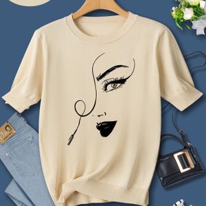 TEMU Casual Mode Damen-Rotpullover mit stilisiertem Gesichtsdesign an der Seite - Rundhalsausschnitt, Kurzarm, Polyesterstrick, Maschinenwaschbar - für Frühling/Sommer, Niedliche Pullover