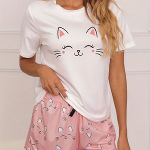 TEMU Lounge-Set mit Cartoon-Katzen-Print, Kurzarm-Oberteil mit Rundhalsausschnitt und Schnürshorts, Loungewear und Nachtwäsche für Damen