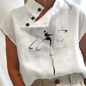 TEMU Bluse mit Knopfleiste vorne und Libellen-Print, elegante kurzärmlige asymmetrische Bluse mit Stehkragen, Damenbekleidung