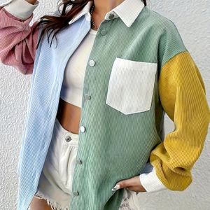 TEMU Schicker Special+EZwear Farbblock Off-Shoulder Cord-Jacke mit Buchstaben-Patchwork, Damen Casual Frühling Herbst Blazer-Hemd