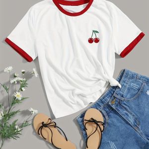 TEMU T-Shirt mit Rundhalsausschnitt und Kirschen-Print, Y2K-Kurzarm-T-Shirt mit Kontrastbesatz für Frühling und Sommer, Damenbekleidung