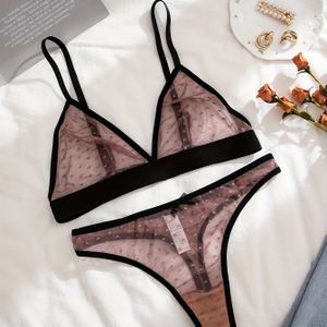 TEMU Sexy Dessous-Set, halbtransparenter, bequemer Push-Up-BH und Tanga mit kontrastierendem Besatz aus Pint-Dot-Netzgewebe, Dessous und Unterwäsche für Damen