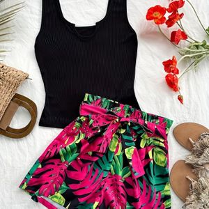 TEMU Neues geripptes Halter-Top für Damen + Shorts-Set mit Blumenmuster und Gürtel, stilvolles Bohemian--Casual-Musikfestival-Zweiteiler-Outfit für Frühling/Sommer