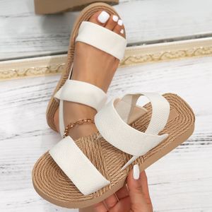 TEMU Boho Chic Damen Espadrille Sandalen - Beige Stoff mit elastischem Riemen, offener Zehenbereich, niedriger Plateauabsatz, für Strand & Casual Wear, Sommer Sandalen