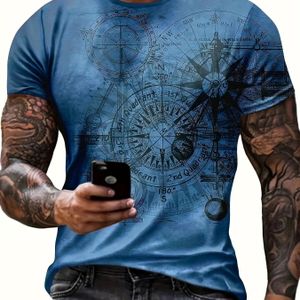 TEMU Herren Vintage Kompass Grafik T-Shirt - 3D Gedrucktes Nautisches Design, Rundhalsausschnitt, Kurzarm, Polyester-Mischung, Maschinenwaschbar, Kreuzfahrt-T-Shirts