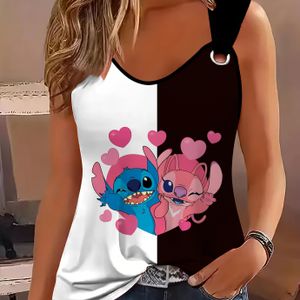 TEMU Tanktop mit Stick & 3D-Print für Damen - lässige Sommer-Sportbekleidung mit doppeltem Ring-Detail, Weiß/Schwarz mit rosa Herzen, V-Ausschnitt, mittlerer Stretch-Stoff, für Outdoor-Aktivitäten