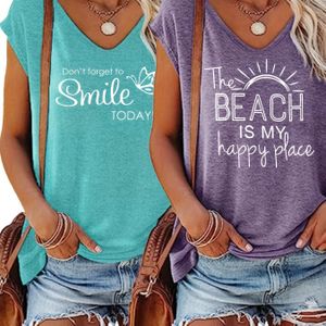 TEMU Damen V-Ausschnitt Strickstoff T-Shirt Set mit Lächeln Schmetterling und Strand Sonne Druck, Polyester, Frühling/Sommer