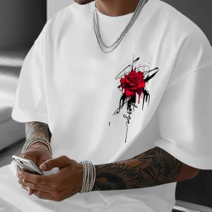 TEMU Herren Freizeit-T-Shirt in Weiß mit Auffälligem Roten Rosen-Druck - Atmungsaktiv, Dehnbar, Maschinenwaschbar, für Zuhause, Outdoor-Aktivitäten & Sommerstil, Rundhalsshirt, Bequeme Passform