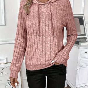 TEMU Einfarbiger gerippter Hoodie mit Kordelzug, lässiger Pullover-Hoodie mit Ärmeln, Damenbekleidung