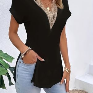 TEMU T-Shirt mit V-Ausschnitt und Guipure-Spitze, Kurzarm-T-Shirt im Vintage-Stil für Frühling und Sommer, Damenbekleidung