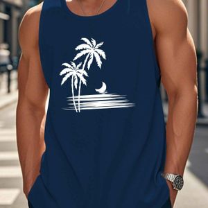 TEMU Herren Ärmelloses Tanktop mit Kokospalme und - Lässiges Polyester-Strick, Sommerkleidung, Maschinenwaschbar, Strandbekleidung|Tropisches Grafikweste|-Tanktop, Sommer-Tanktops