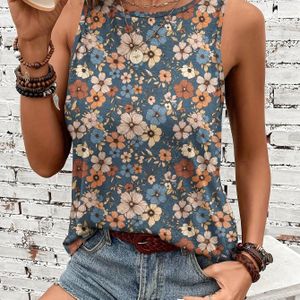 TEMU Sommerliches Damen-Tanktop mit Vintage-Blumenmuster, Rundhalsausschnitt, Halbtransparentes Polyester - Maschinenwaschbar, Retro-Stil, Xia