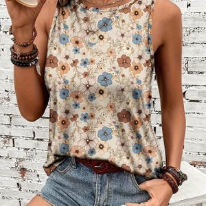 TEMU Sommerliches Damen-Tanktop mit Vintage-Blumenmuster, Rundhalsausschnitt, Halbtransparentes Polyester - Maschinenwaschbar, Retro-Stil, Xia