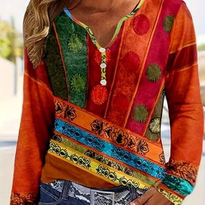 TEMU Ethnisches Muster mit gekerbtem Ausschnitt T-Shirt, Vintage Langarmshirt für Frühling & Herbst, Damenbekleidung