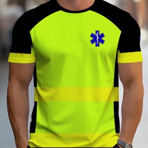 TEMU EMS Krankenwagen Herren-T-Shirt mit 3D-Digitaldruck - Lebhaftes Gelb & Schwarz EMS-Logo Design, 100% Polyester Freizeit Rundhals-Tee, Atmungsaktives 140g/m² Gewebe für EMS-Berufe &