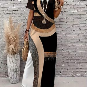 TEMU Elegante Damen-Kleid mit V-Ausschnitt und kurzen Ärmeln mit geometrischem Muster, Strick-Polyester-Stoff, passendes Ring-Detail, vielseitiger Stil für alle Jahreszeiten