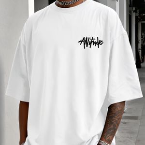 TEMU Herren Street-Style Kurzarm-T-Shirt, Grau mit """" Handgeschriebener Aufdruck, Polyester und Spandex Mischung, Rundhalsausschnitt