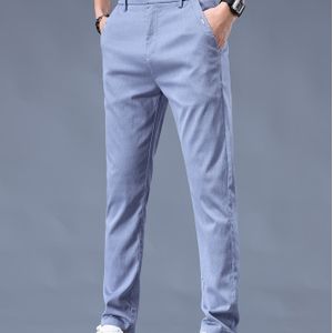 TEMU Herren-Lightweight-Casual-Straight-Leg-Hosen - Stretchy Rayon Blend, , Regular Fit, Weiß mit schwarzer Verzierung, Casual Wear | | Stretchy Fabric