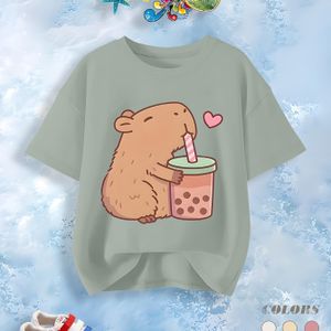 TEMU Mädchen Süßes Capybara T-Shirt - Lässig Schulterfrei Rundhals, Kurzarm, Atmungsaktive Polyester-Mischung, für Sommer Spaß