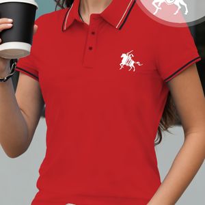 TEMU Damen-Poloshirt mit -Reiter-Muster, lässiger Sommerstil, Polyester-Strickstoff, kurze regelmäßige Ärmel, geometrisches Design, kein Gürtel, Pullover-Oberteil, Damen-Poloshirts