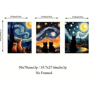 TEMU 3 Stk. Ungerahmte Leinwanddrucke - Van Goghs Sternennacht & Schwarze Katze Moderne Tier Wanddekoration für Schlafzimmer, Wohnzimmer, Heimbüro Poster