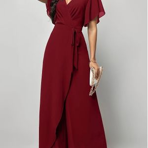 TEMU Schickes Roter V-Ausschnitt-Jumpsuit mit Schleifenaufknöpfen und Bundbund ? Weit geschnittener Rock aus Polyester-Mischgewebe, maschinenwaschbar für Damen