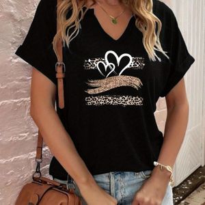 TEMU ELVOE Damen Kurzarm-V-Ausschnitt T-Shirt mit Herz- und Leopardenprint, Aufgerollte Ärmel, Regular Fit Casual Top für Frühling & Sommer, Maschinenwaschbar, Roll-Up Sleeve Shirt