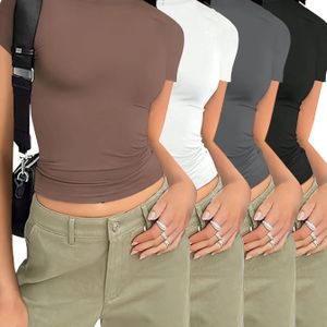 TEMU 4er-Set Damen Slim-Fit Kurzarm-T-Shirts in Unifarben - Lässiges Crop-Top mit Rundhalsausschnitt, Dehnbarer Polyester-Mix, Maschinenwaschbar für Frühling/Sommer