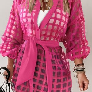 TEMU Damen Schwarz Kariert Reverskragen Bluse mit durchsichtiger Mesh-Detail - Langarm, Quadratischer Ausschnitt, Gepolsterte Taille, Elegante Bluse für lässige oder formelle Outfits, Damenblusen