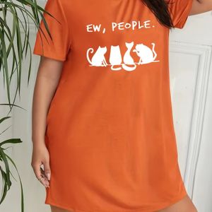 TEMU Lässiges Nachthemd In Übergröße, Damen-Schlafkleid Mit Katzen- Und Buchstabendruck, Kurzen Ärmeln Und Rundhalsausschnitt