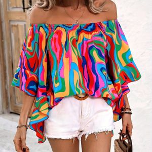 TEMU Urlaubsmarblenmuster Off-Shoulder Loose Casual Shirt