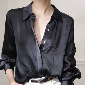 TEMU Einzigartiges Damen-Satinfinish-Hemd in Schwarz - 100% Polyester Langarmhemd mit Knopfleiste, Maschinenwaschbar und Reguläre Passform für Büro- & Freizeitkleidung im Frühling/Herbst