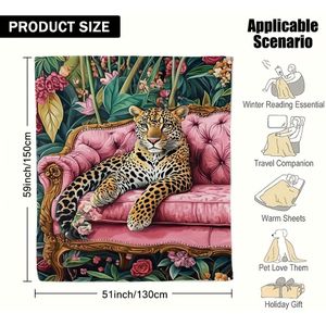 TEMU . Lebendiges Leopardenmuster & Rosa Sofa-Überwurfdecke - Weicher Plüsch, Ganzjahreskomfort für Bett, Couch, Reisen & Camping - Gemütliches Fleece-Design mit Tropischen Flora-Akzenten