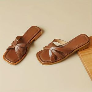 TEMU Schicke Retro Damen-Slide-Sandalen - Offene Zehenpartie, Flache Sohle, Kunstleder mit Schleifendetail, Sommerliche Freizeitschuhe in & Weiß, Riemchensandalen