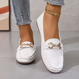 TEMU Leichte Damen-Slipper-Ballerinas zum Reinschlüpfen - Weiße Kunstleder-Casualschuhe mit dekorativem Rückenriemen, Bequeme Ganzjahres-Vielseitige Loafer für Freizeitkleidung