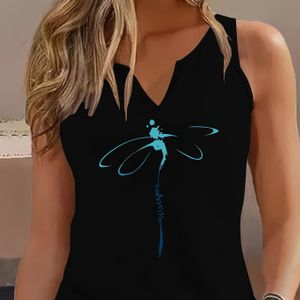 TEMU Stilvolles Schwarzes V-Ausschnitt Ärmelloses Tanktop mit Türkisfarbenem Libellen-Druck - Leichte Polyester-Mischung für Damen, für Sommer- und Frühlingskleidung, Damen-Tanktops