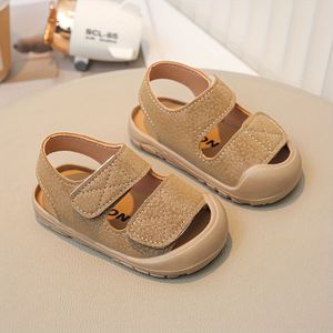 TEMU 1 Paar Unisex Baby Sommer Sandalen - Leichte PU Solide Farbe Texturierte Casual Schuhe mit Hook-and-Loop Strap, Runde Zehen Design für Jungen und Mädchen, Beige und Braun, für Casual Attir