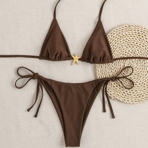 TEMU Braune Sexy-Triangle-Cup-Bikini mit Halterneck und Einfarbene Stoffzubehör.