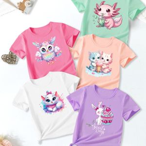 TEMU 5er-Pack Mädchen Sommer Casual Strick Tops, Cartoon Cat & Owl Print Crew Neck Kurzarm T-Shirts, leicht dehnbare Stoff, Buchstaben Muster, Regular Fit - Gestrickte Stoffweave