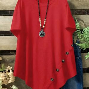 TEMU Elegantes Übergrößen Rotes T-Shirt mit asymmetrischem Saum für Damen - Lässiger Rundhalsausschnitt mit Kunstknopf-Detail, Kurzarm, Stretch-Polyester-Mischgewebe, für Frühling/Sommer
