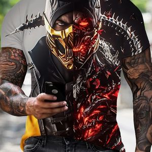 TEMU 1 Stück Herren 3D-Print Böser Krieger Gesicht Coole Maske Print Rundhals Kurzarm T-Shirt, lässiger Polyester-Strickstoff mit leichtem Stretch, Regular Fit für Outdoor-Aktivitäten im Sommer