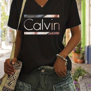 TEMU Grafikdruck V-Ausschnitt T-Shirt für Damen - Lässiges Kurzarm-Oberteil, Schwarz mit Blau & Orange Streifen Design, Leichtes Polyester, für Frühling & Sommer